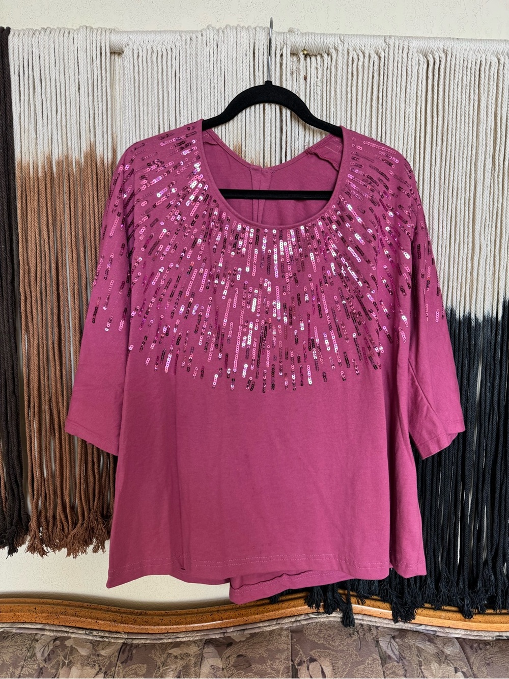 Pink 3/4 sleeve sequin top; excellent condition